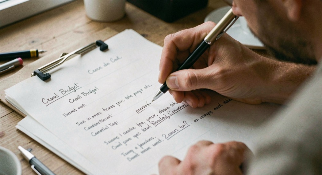 A hand writing crawl budget and canonical tag notes on a clipboard
