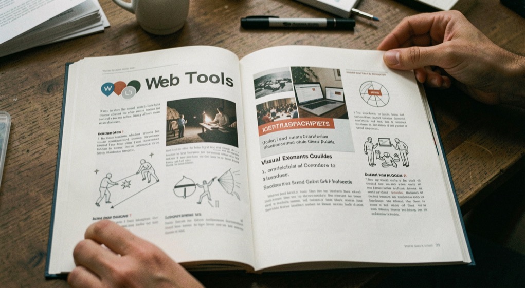 Web Tools: a tactile editorial still life of tools, notes and a clear surface