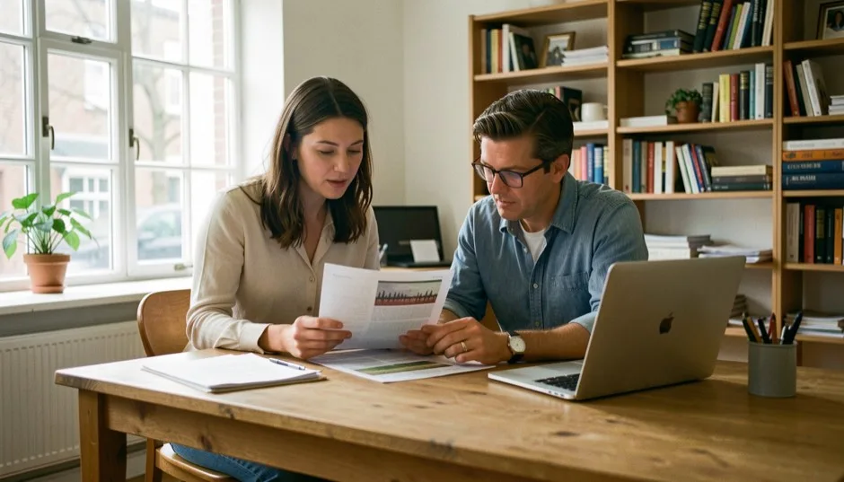 A consultant and a shop owner going through a printed report at a wooden desk in a bright office, laptop open, late morning light from a tall window